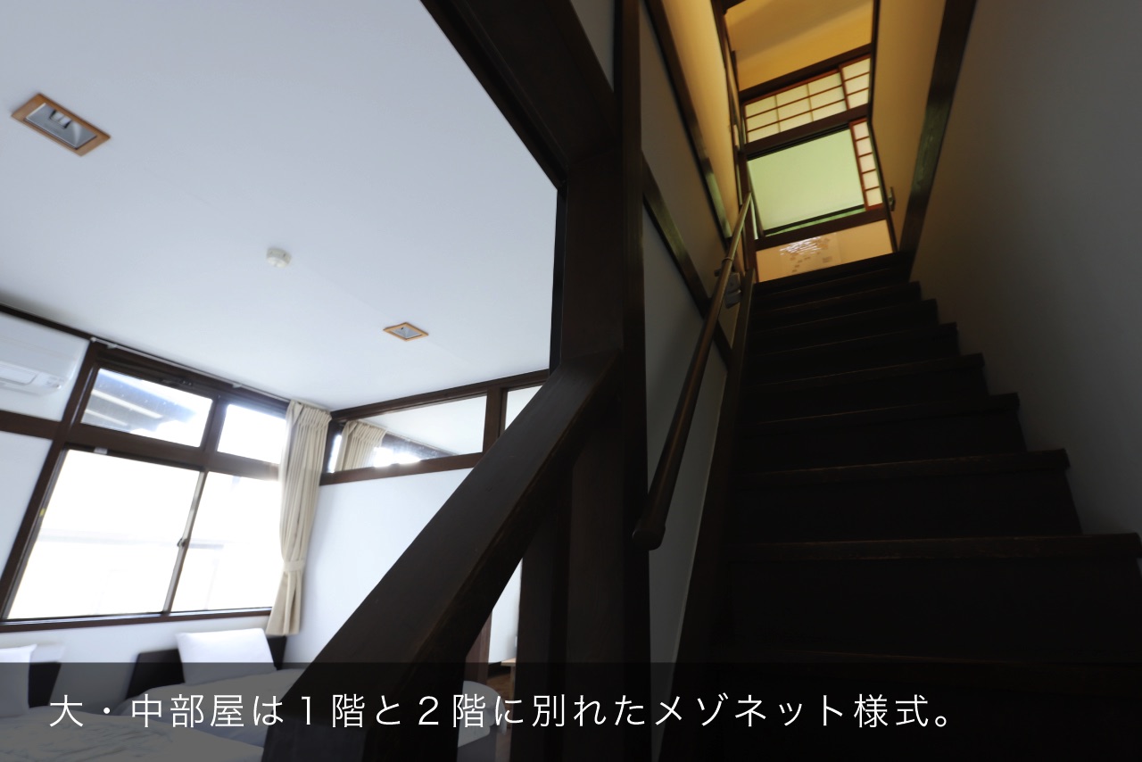 大・中部屋は１階と２階に別れたメゾネット様式。