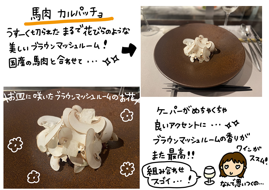 馬肉カルパッチョ。うすーく切られたまるで花びらのような美しいブラウンマッシュルーム！国産の馬肉と合わせて…☆ケーパーがめちゃくちゃいいアクセントに！ブラウンマッシュルームの香りがまた最高!!組合せがすごい！