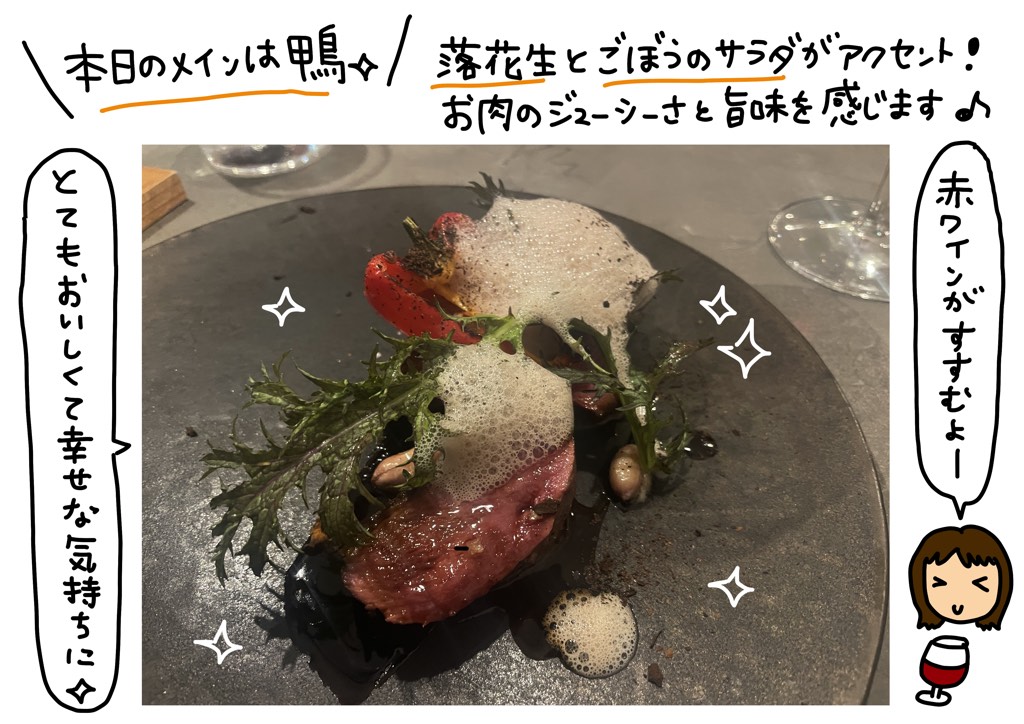 本日のメインは鴨。落花生とごぼうのサラダがアクセント！お肉のジューシーさと旨みを感じます♪赤ワインがすすむよー。とても美味しくて幸せな気持ちに。