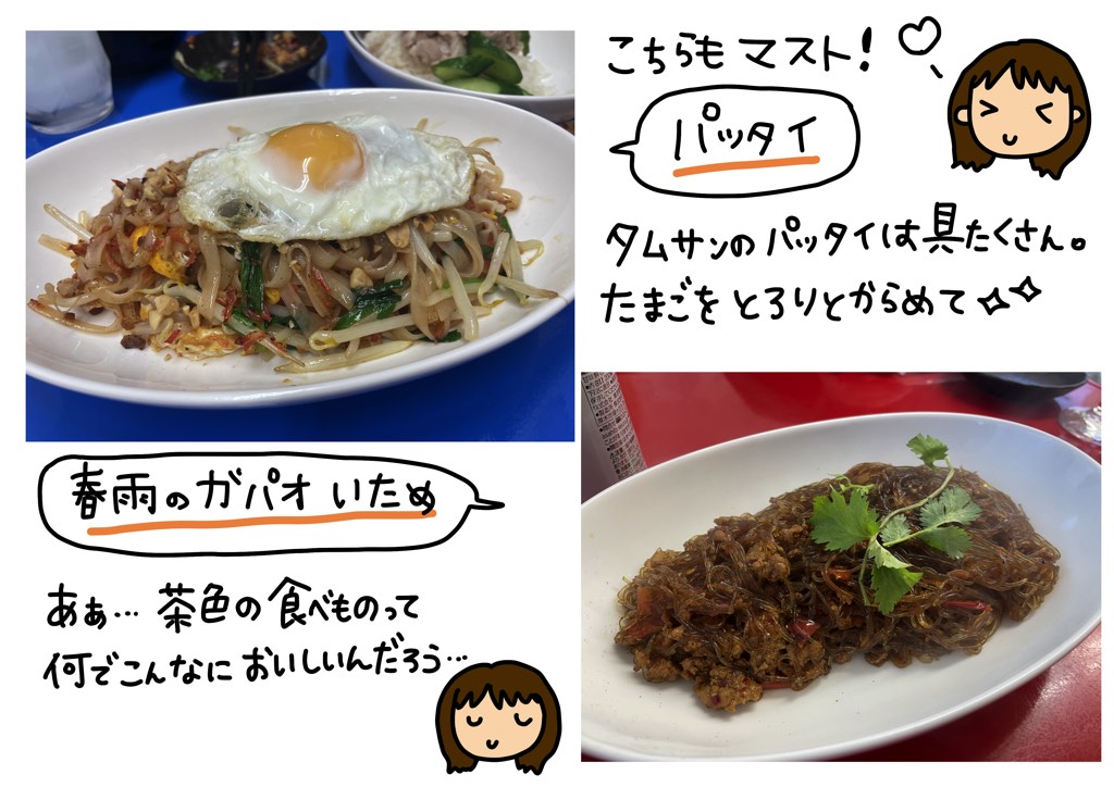こちらもマスト！「パッタイ」タムサンのパッタイは具だくさん。たまごをとろりとからめて☆「春雨のガパオ炒め」あぁ…茶色の食べものって何でこんなにおいしいんだろう…