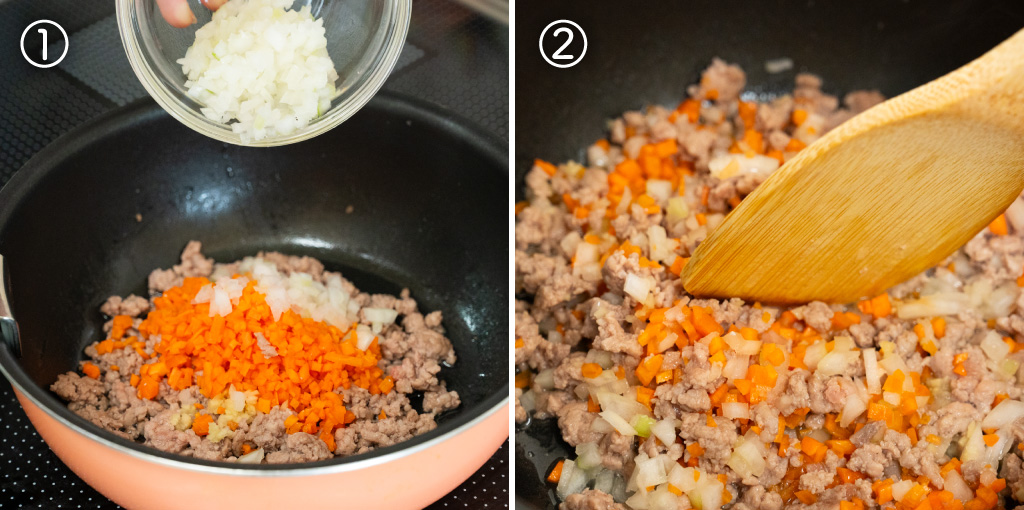 コーン入りひき肉そぼろ レシピ工程3